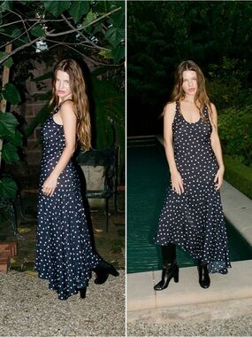 Realisation Par Ellery Diana Polka Dot Midi Dress Slip Black White Size L NWT